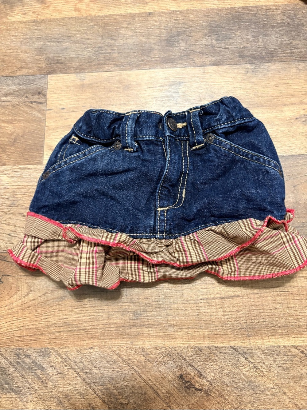 Old Navy Toddler Denim Skirt Size 2T ✨ Ruffle Hem Plaid Trim Cute Everyday Style